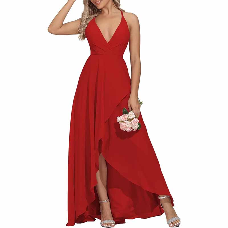 Chiffon Bridesmaid Dresses V Neck High Low Wedding Guest Party Gown