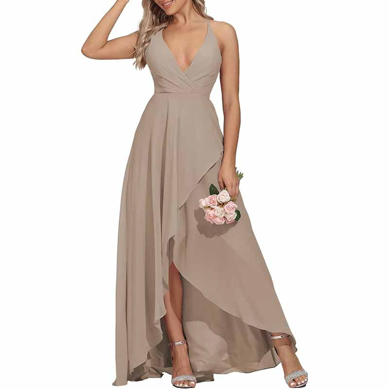 Chiffon Bridesmaid Dresses V Neck High Low Wedding Guest Party Gown