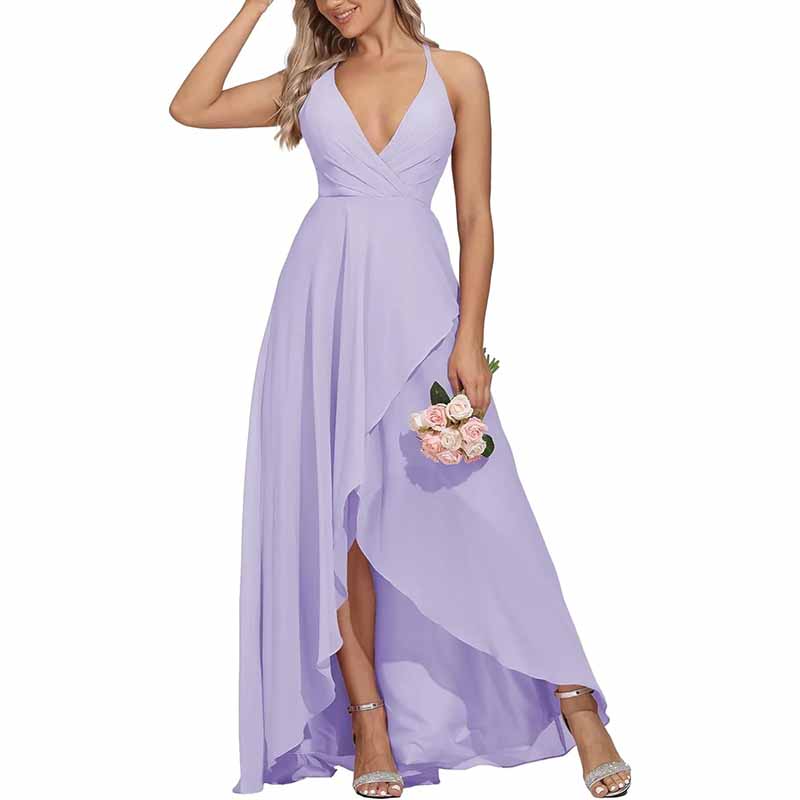 Chiffon Bridesmaid Dresses V Neck High Low Wedding Guest Party Gown