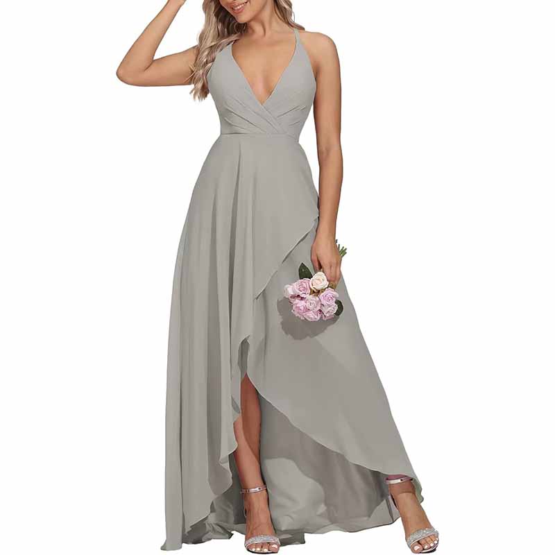 Chiffon Bridesmaid Dresses V Neck High Low Wedding Guest Party Gown