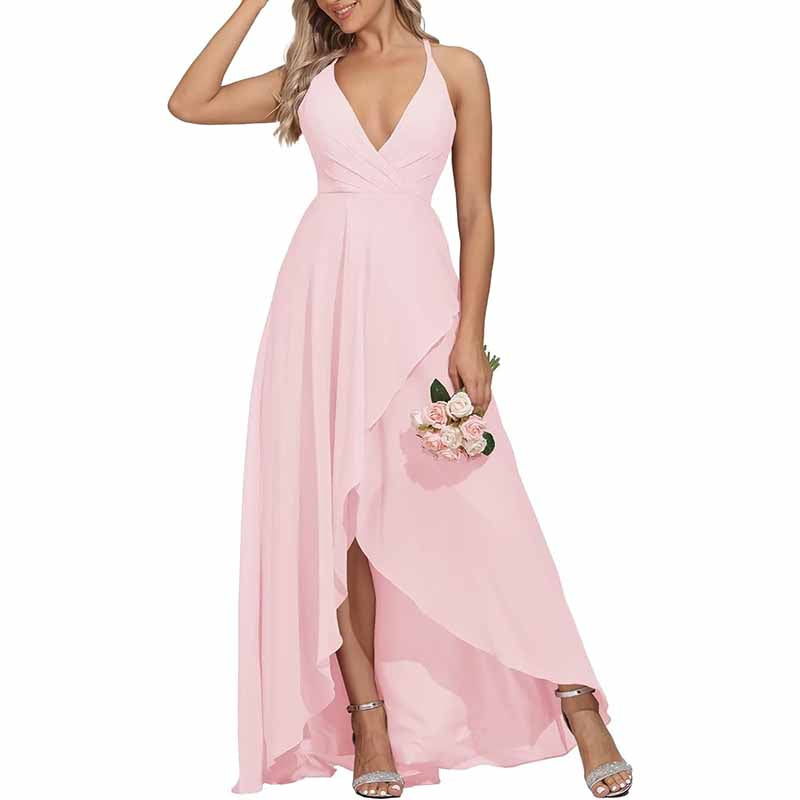 Chiffon Bridesmaid Dresses V Neck High Low Wedding Guest Party Gown