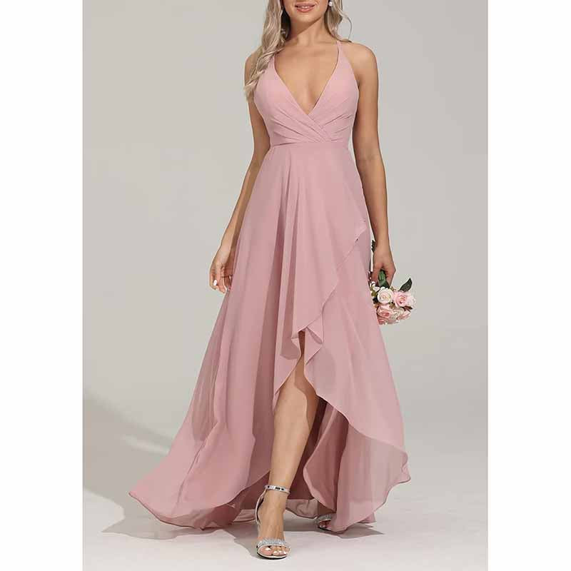 Chiffon Bridesmaid Dresses V Neck High Low Wedding Guest Party Gown