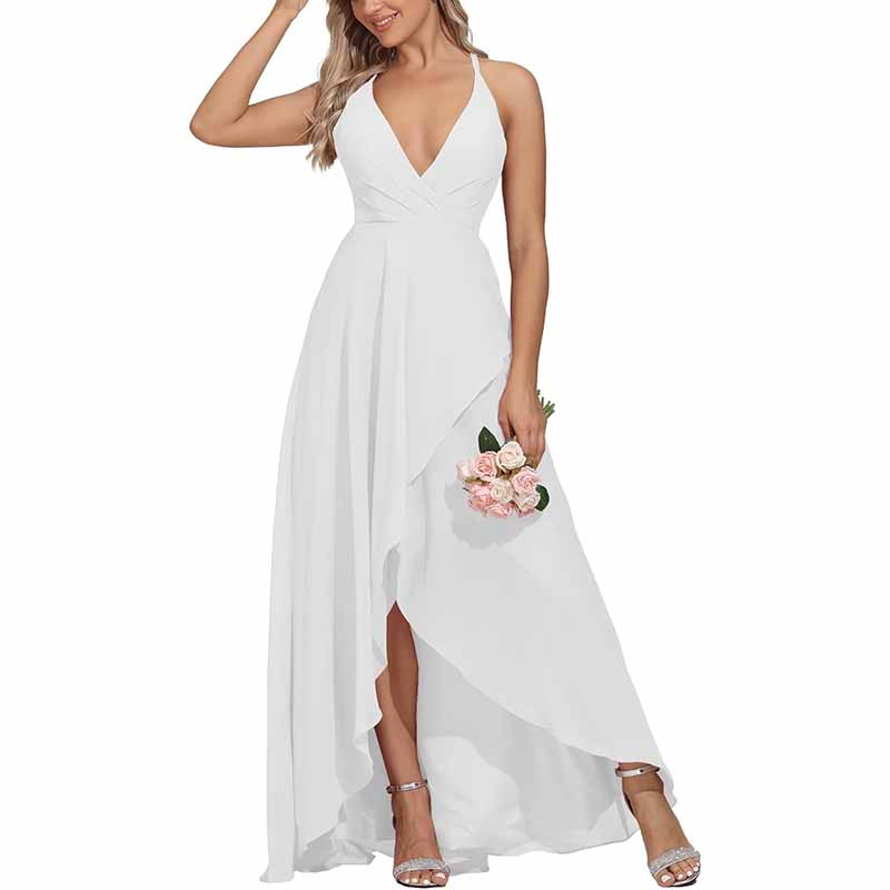 Chiffon Bridesmaid Dresses V Neck High Low Wedding Guest Party Gown