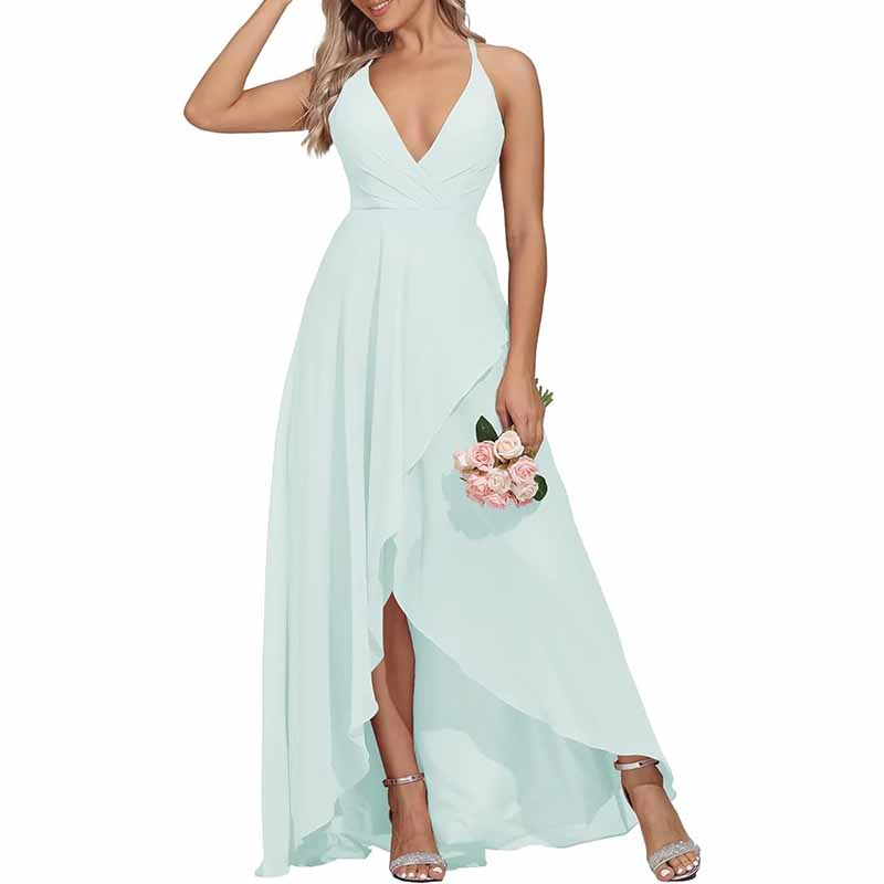 Chiffon Bridesmaid Dresses V Neck High Low Wedding Guest Party Gown