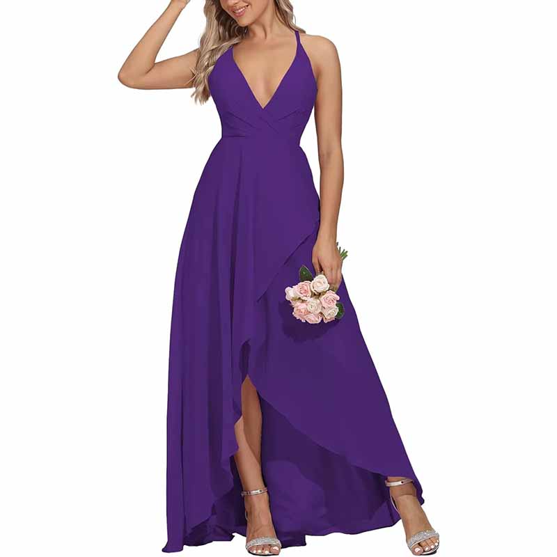 Chiffon Bridesmaid Dresses V Neck High Low Wedding Guest Party Gown