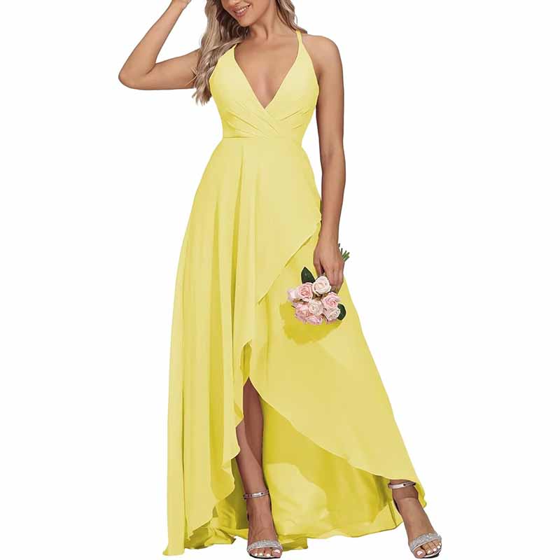 Chiffon Bridesmaid Dresses V Neck High Low Wedding Guest Party Gown