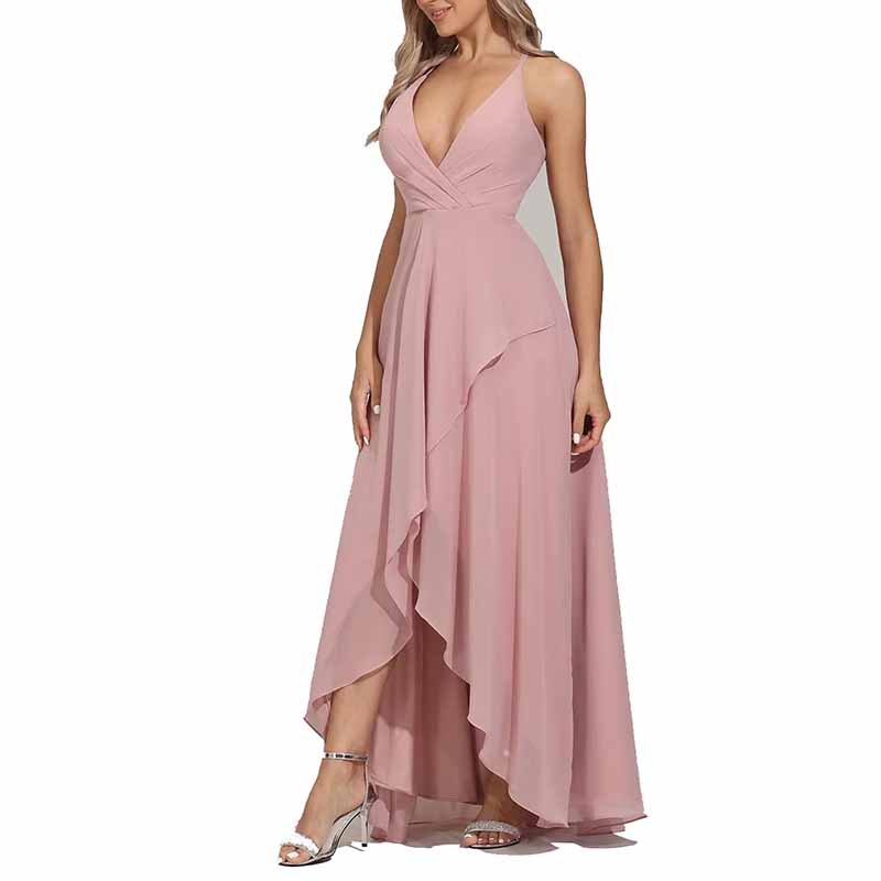 Chiffon Bridesmaid Dresses V Neck High Low Wedding Guest Party Gown