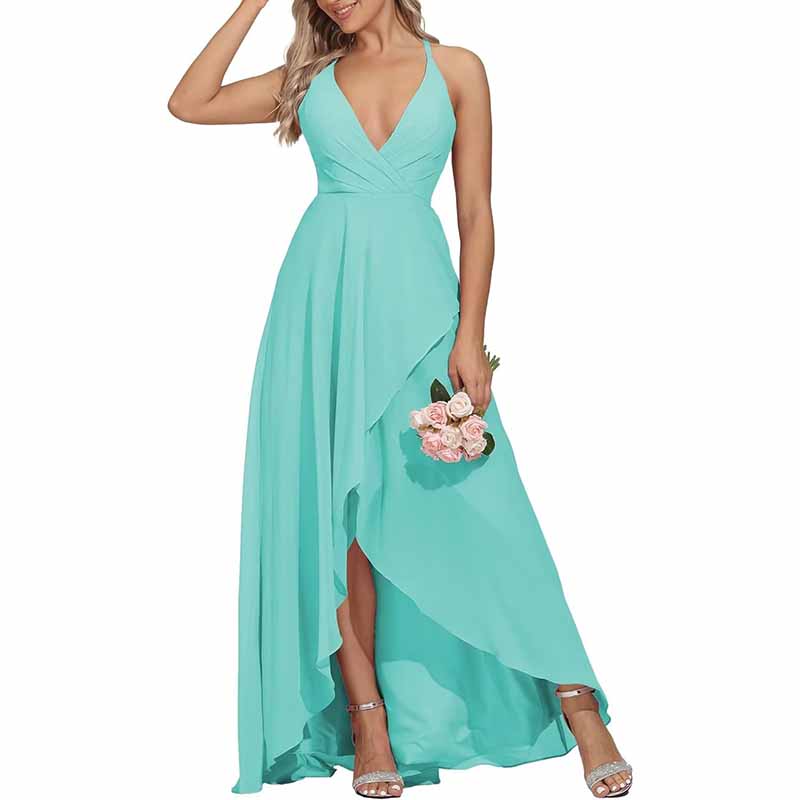 Chiffon Bridesmaid Dresses V Neck High Low Wedding Guest Party Gown