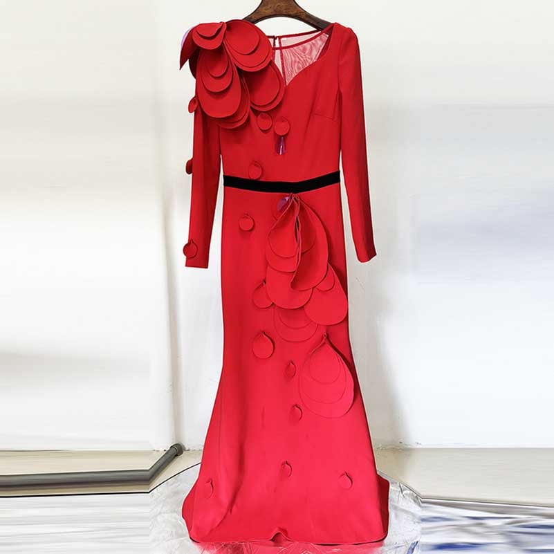 Women's Long Sleeves Party Gown Flower Detail Long Prom Dress
