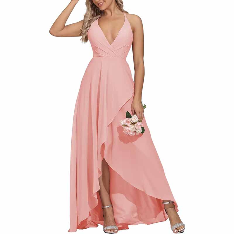 Chiffon Bridesmaid Dresses V Neck High Low Wedding Guest Party Gown