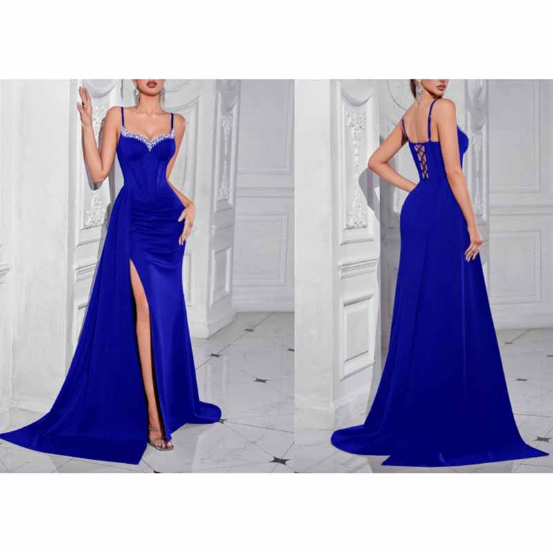 Spaghetti Strap Rhinestone Embellished High Split Evening Dress