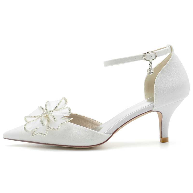 2.36" Pointed Toe Pumps Glitter Ankle Stripe Bridal Shoes with Bow Detail