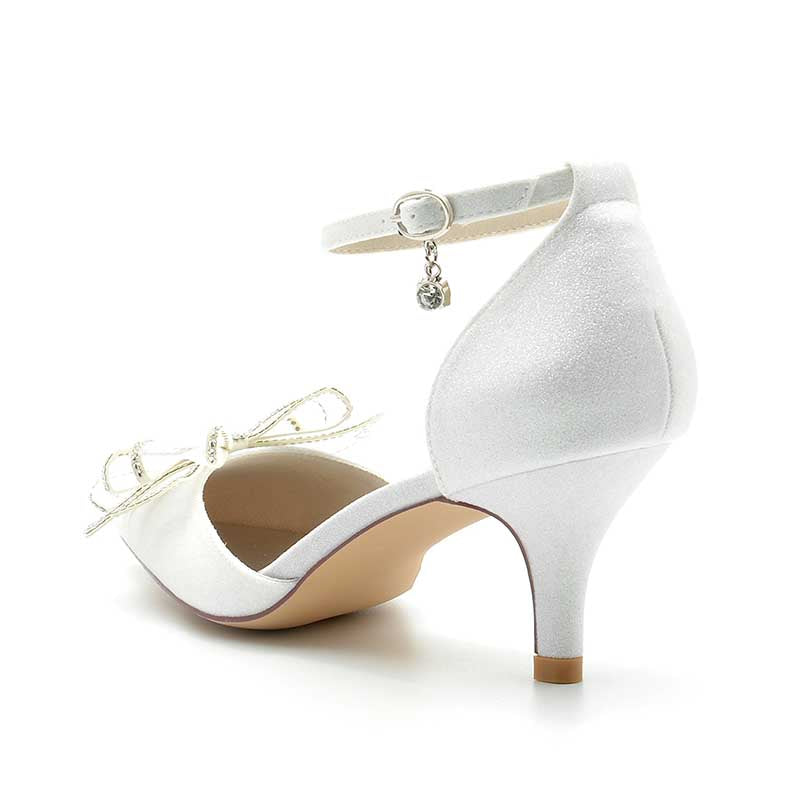2.36" Pointed Toe Pumps Glitter Ankle Stripe Bridal Shoes with Bow Detail