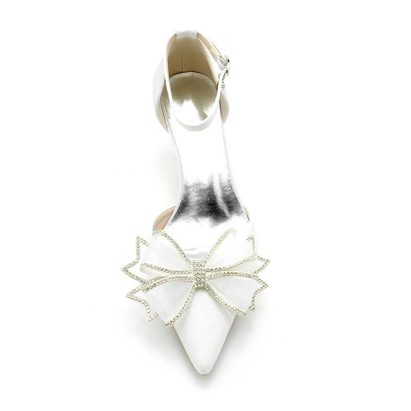 2.36" Pointed Toe Pumps Glitter Ankle Stripe Bridal Shoes with Bow Detail