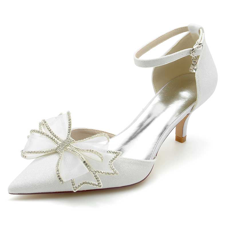 2.36" Pointed Toe Pumps Glitter Ankle Stripe Bridal Shoes with Bow Detail