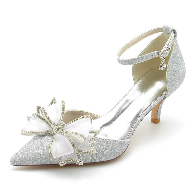 2.36" Pointed Toe Pumps Glitter Ankle Stripe Bridal Shoes with Bow Detail