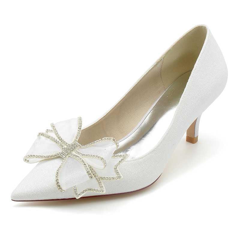 2.36" Pointed Toe Pumps Glitter Bridal Shoes with Bow Detail