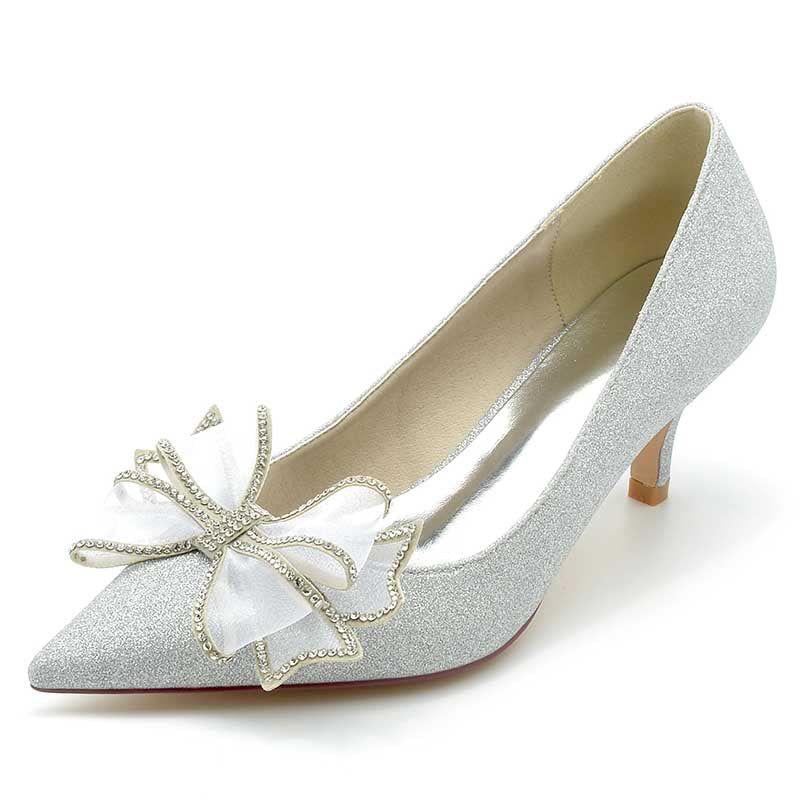 2.36" Pointed Toe Pumps Glitter Bridal Shoes with Bow Detail