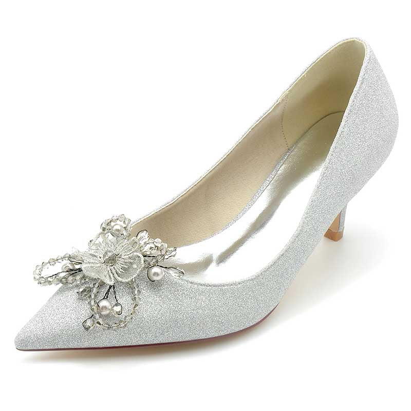 2.36" Pointed Toe Pumps Glitter Bridal Shoes with Pearls