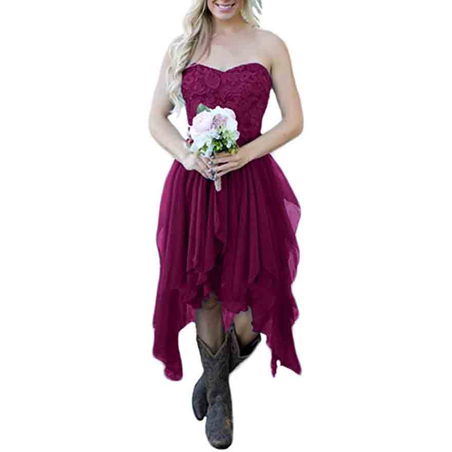 Country High Low Bridesmaid Dress Chiffon Lace Wedding Guest Outfit