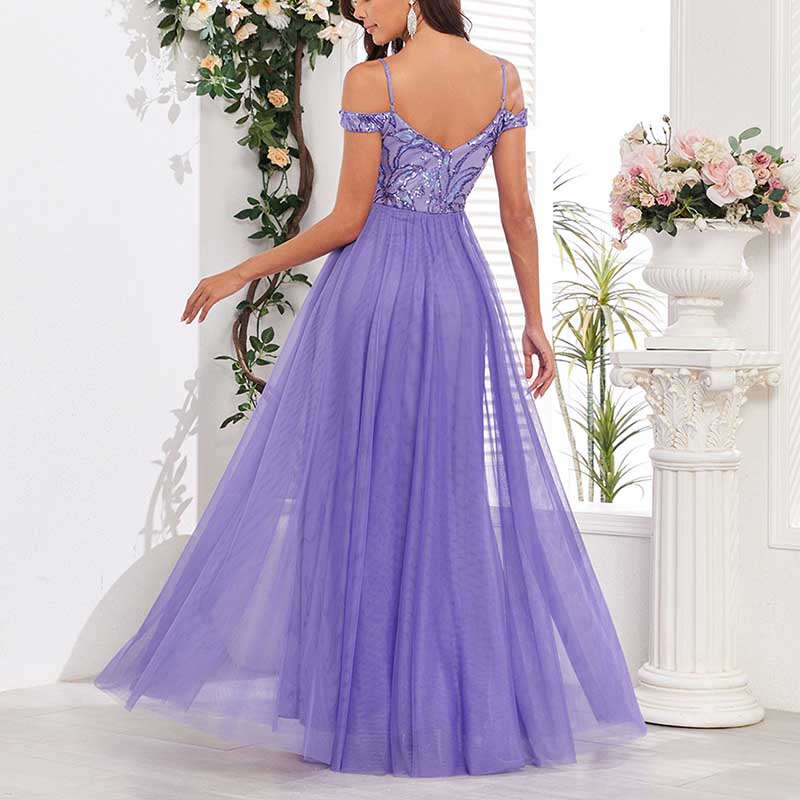 Purple Long Prom Dress Off The Shoulder A Line Sequin Maxi Dress
