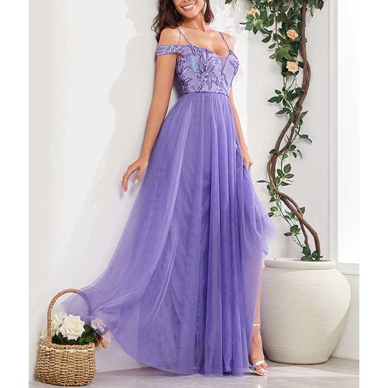 Purple Long Prom Dress Off The Shoulder A Line Sequin Maxi Dress