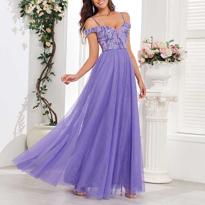 Purple Long Prom Dress Off The Shoulder A Line Sequin Maxi Dress