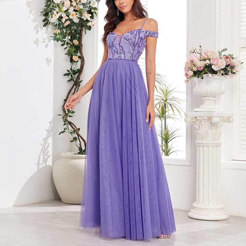 Purple Long Prom Dress Off The Shoulder A Line Sequin Maxi Dress