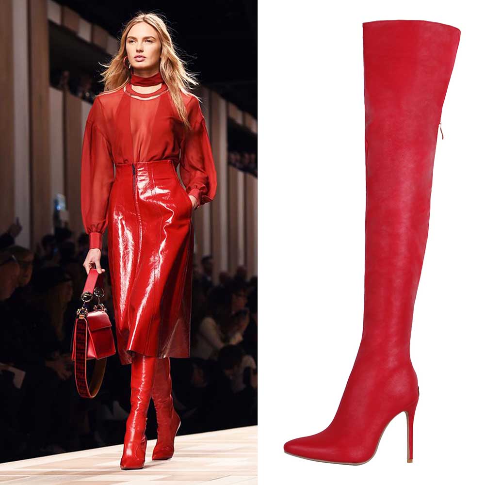 Red patent leather over the knee boots for women with pointed toe and stiletto heel styled on runway