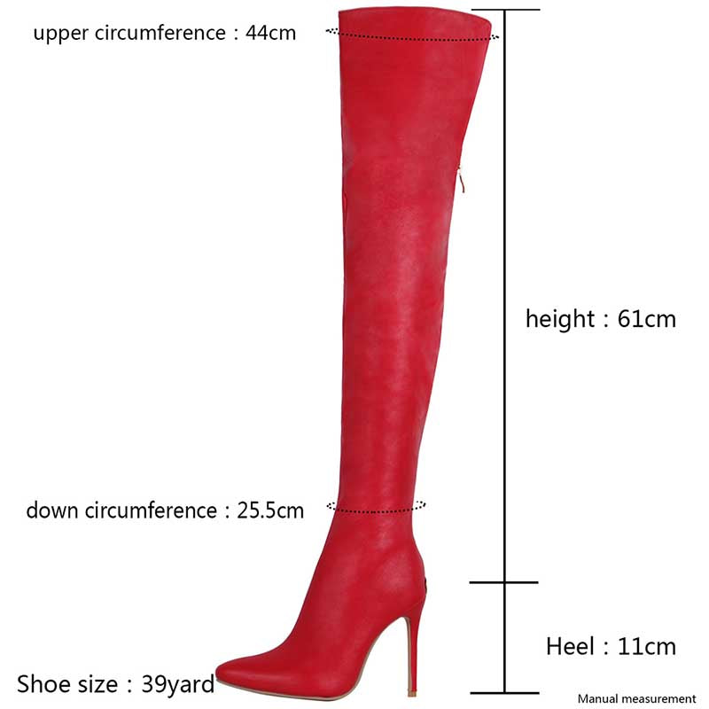 Red high heel over the knee boots for women with detailed measurements and pointed toe design