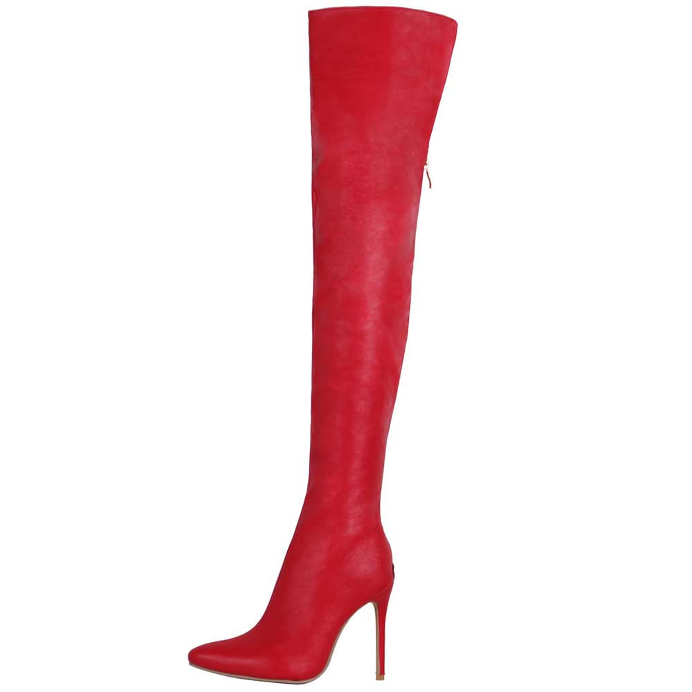 Red high heel over the knee boots for women with pointed toe and stiletto heel