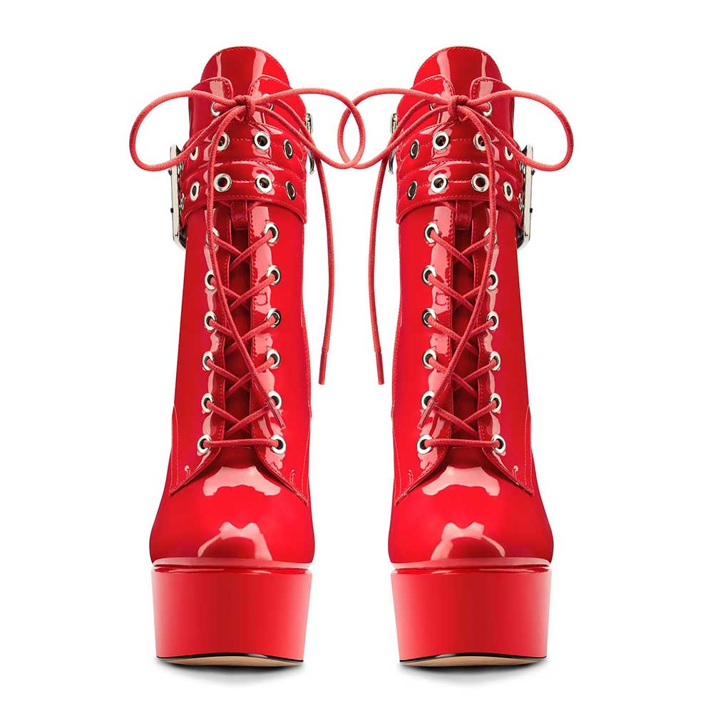 Red platform ankle boots for women with lace-up front and high chunky heels