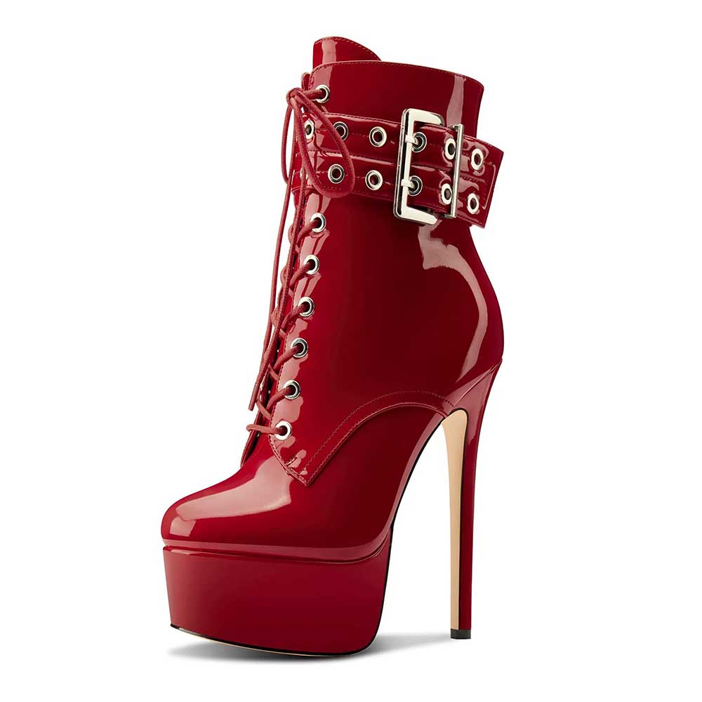 Red platform ankle boots for women with high stiletto heel and lace-up front design