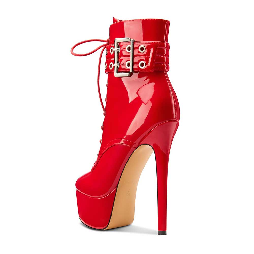 Red platform ankle boots for women with high stiletto heel and silver buckle detail