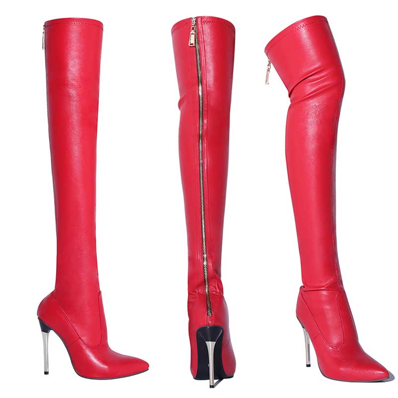 Red pointed toe over-the-knee boots with high stiletto heels and side zipper closure
