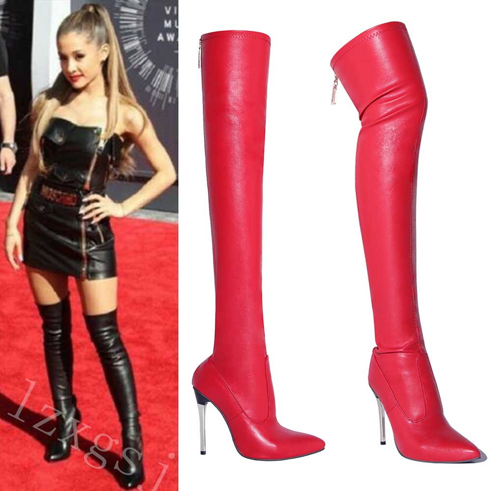 Women red pointed toe over-the-knee boots with stiletto heels in smooth leather