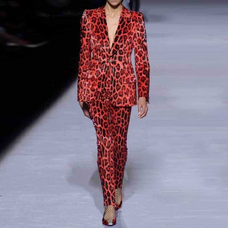 Women's Animal Print Velvet Pantsuit | Slim Fit Blazer & Trousers Set