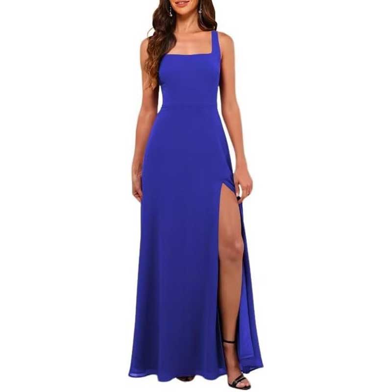 Blue prom dress featuring a square neckline and chiffon bridesmaid dress with high split
