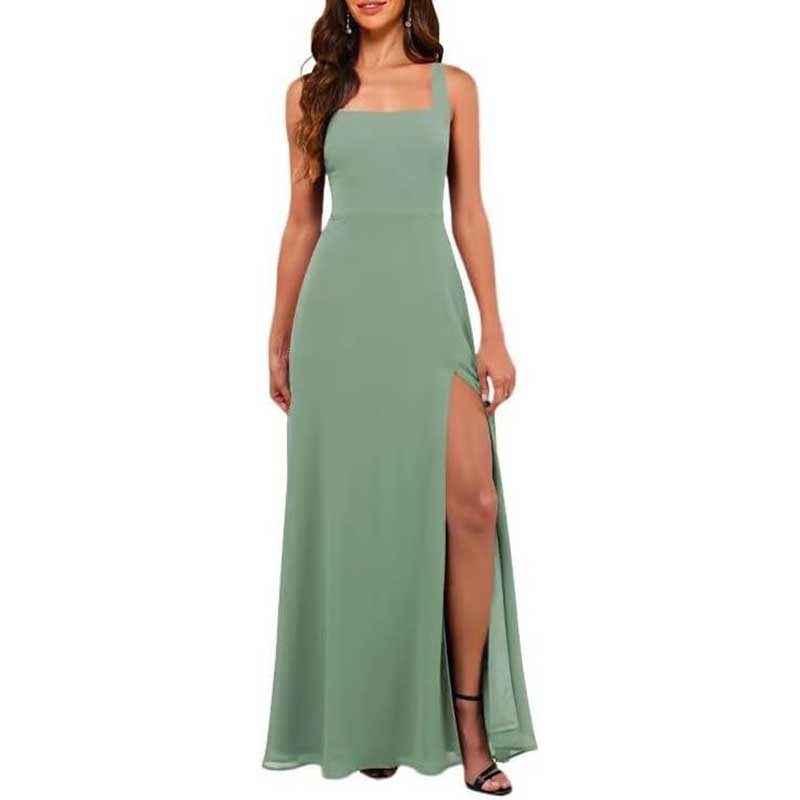 Sage Green chiffon bridesmaid dress with high split and square neckline sleeveless design
