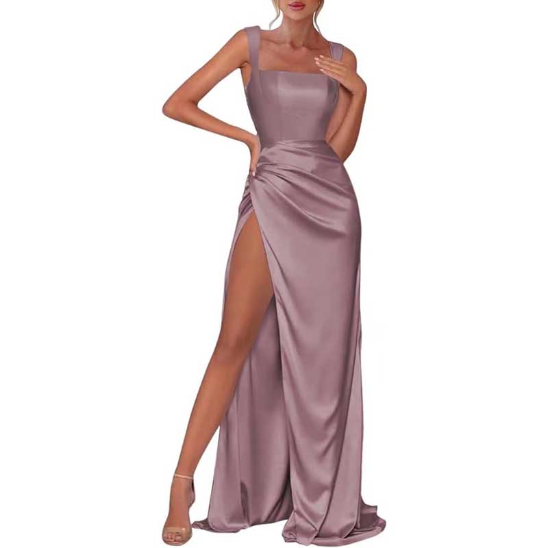 Satin Bridesmaid Dresses High Split Long Evening Dress Wedding Ball Gowns