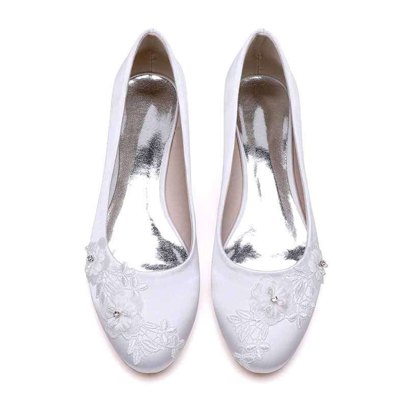 Flat Satin Bridal Shoes With Flower Appliques