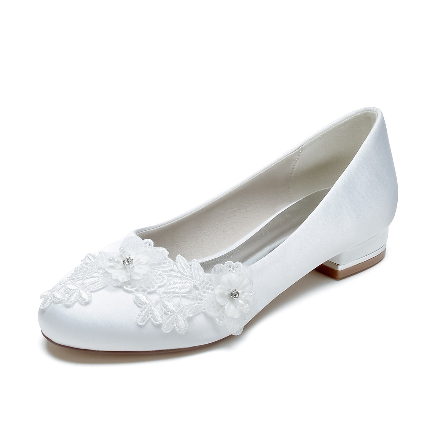 Flat Satin Bridal Shoes With Flower Appliques