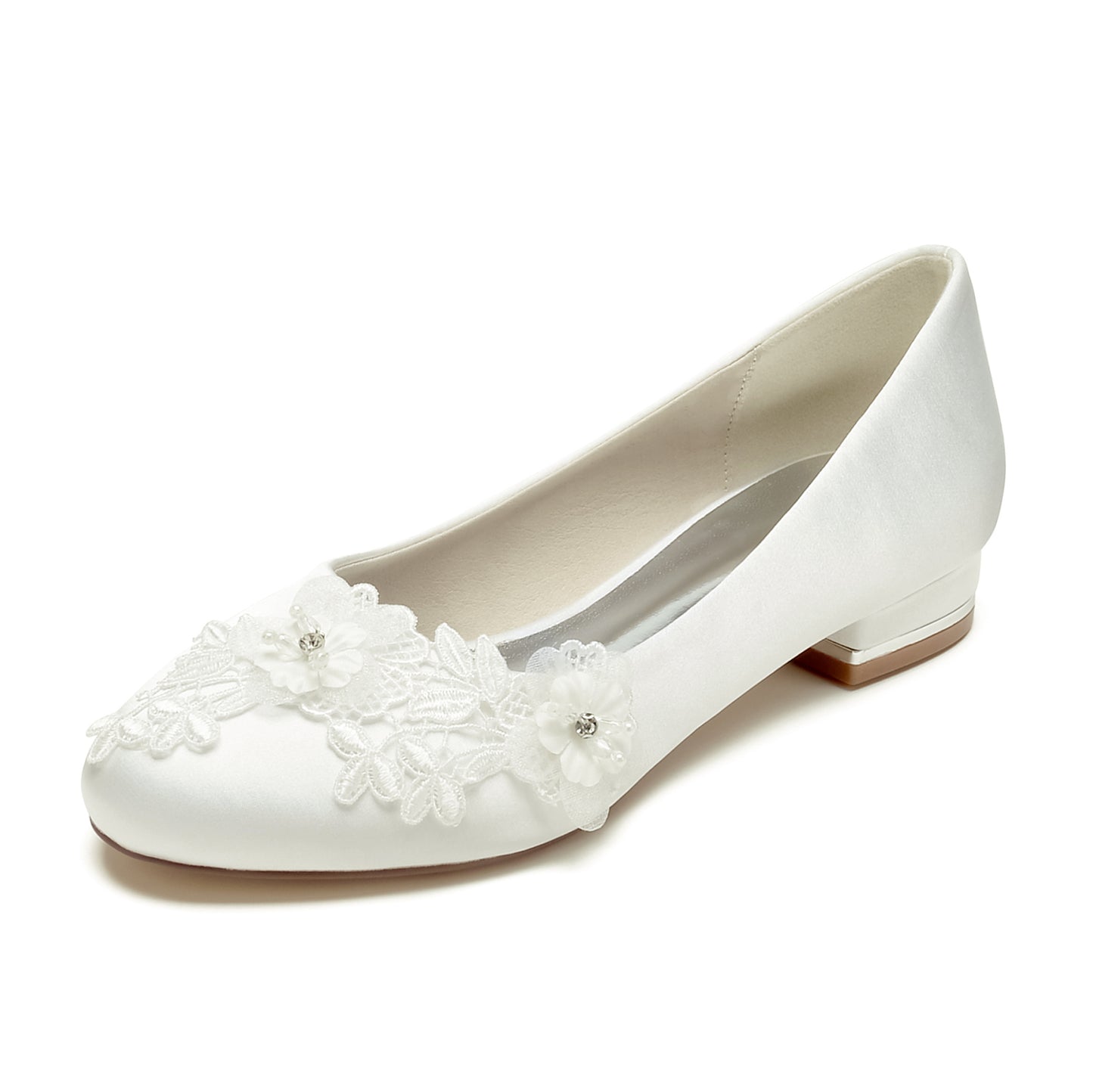 Flat Satin Bridal Shoes With Flower Appliques