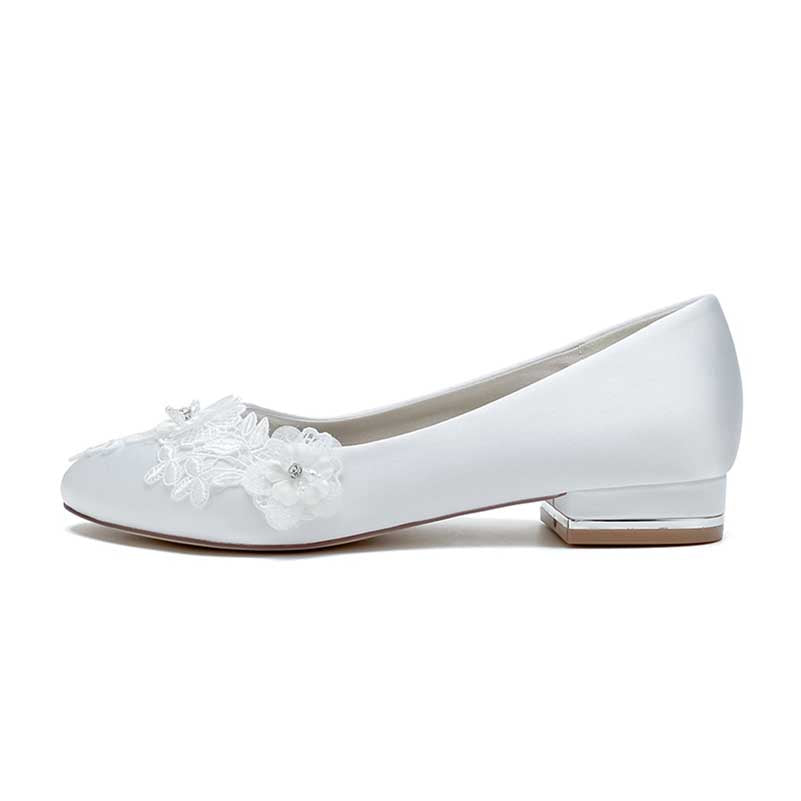 Flat Satin Bridal Shoes With Flower Appliques
