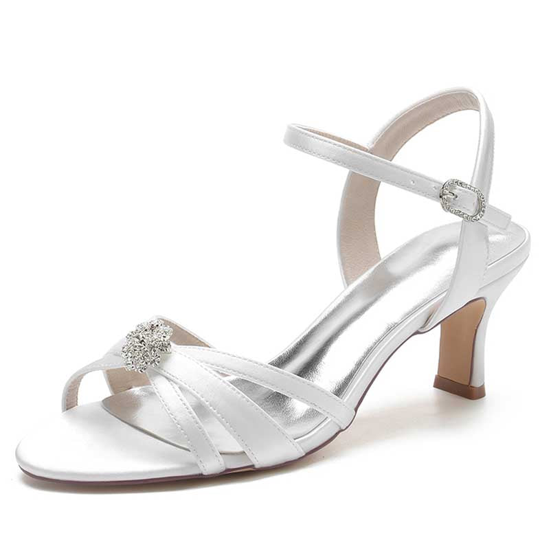 Women's Ankle Straps Sandals Satin Low Heels Beaded Dress Shoes