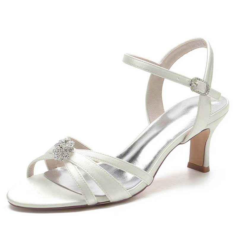 Women's Ankle Straps Sandals Satin Low Heels Beaded Dress Shoes