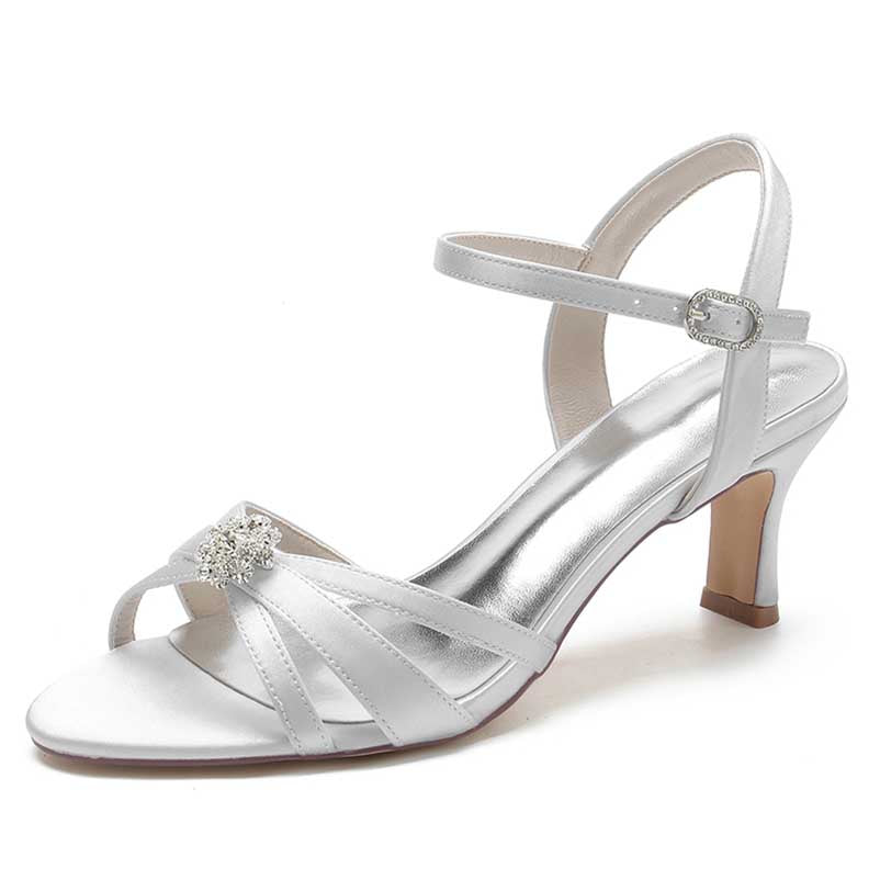 Women's Ankle Straps Sandals Satin Low Heels Beaded Dress Shoes