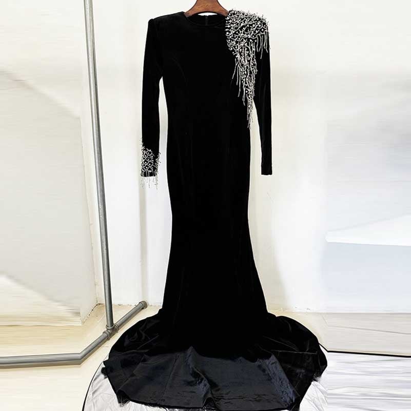 Long Black Beaded Dress Long Sleeve Satin Mermaid Ball Gown