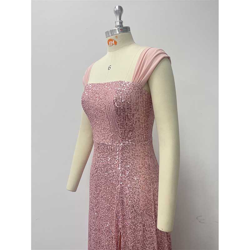 Pink Wedding Guest Dress Sequin Dress With High Split Long Prom Dress