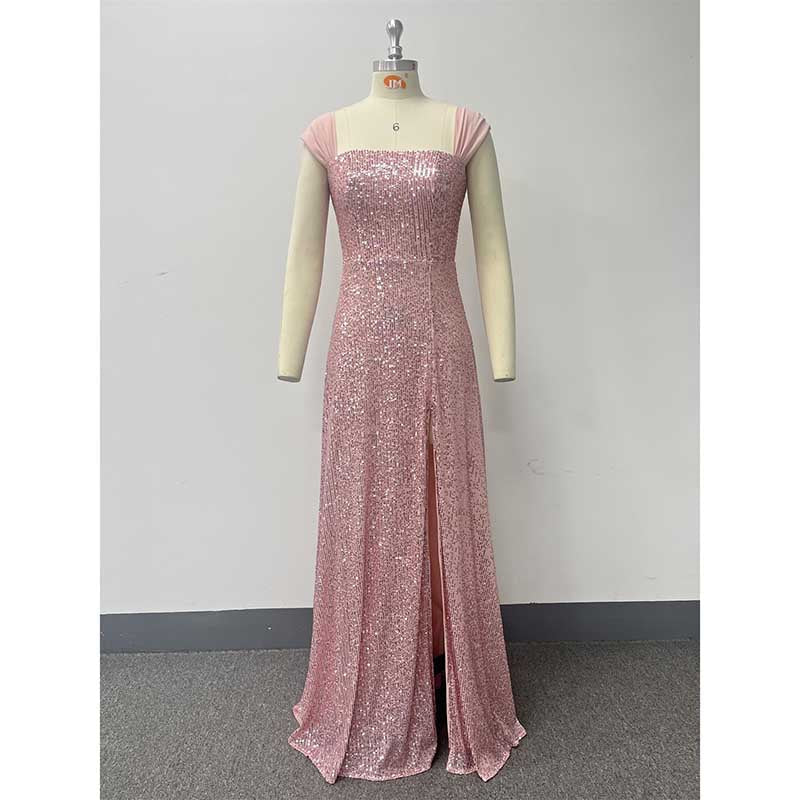 Pink Wedding Guest Dress Sequin Dress With High Split Long Prom Dress